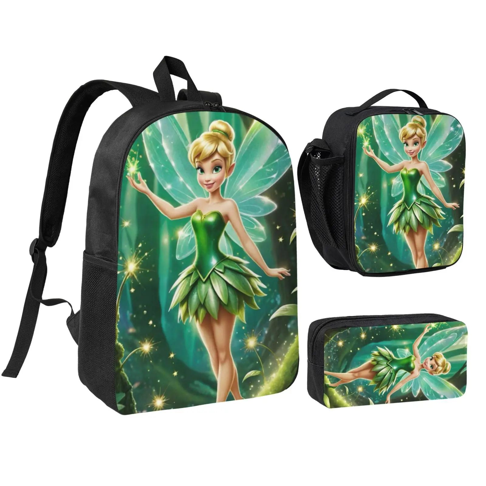 Anime Tinkerbell1 Kids 3Pcs Multipurpose Teen Backpack Set with Adjustable Shoulder Straps, School Bookbag, Insulated Lunch Box & Pencil Bag for Boys Girls Daily School Travel Office