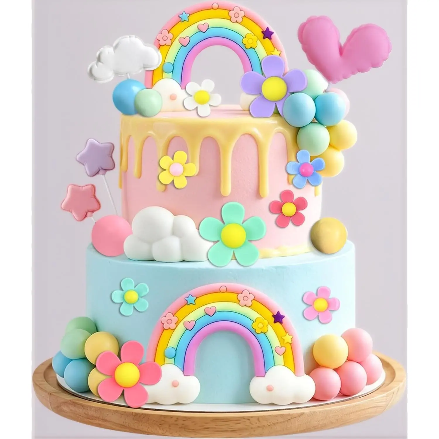 Pastel Pink DIY Rainbow Cake Topper - Whimsical Patterned Pastoral Party Decor with Flowers, Clouds, Stars, Hearts for Birthday, Baby Shower Indoor Party Fun (Toys & Hobbies DIY Supplies), Happy Birthday