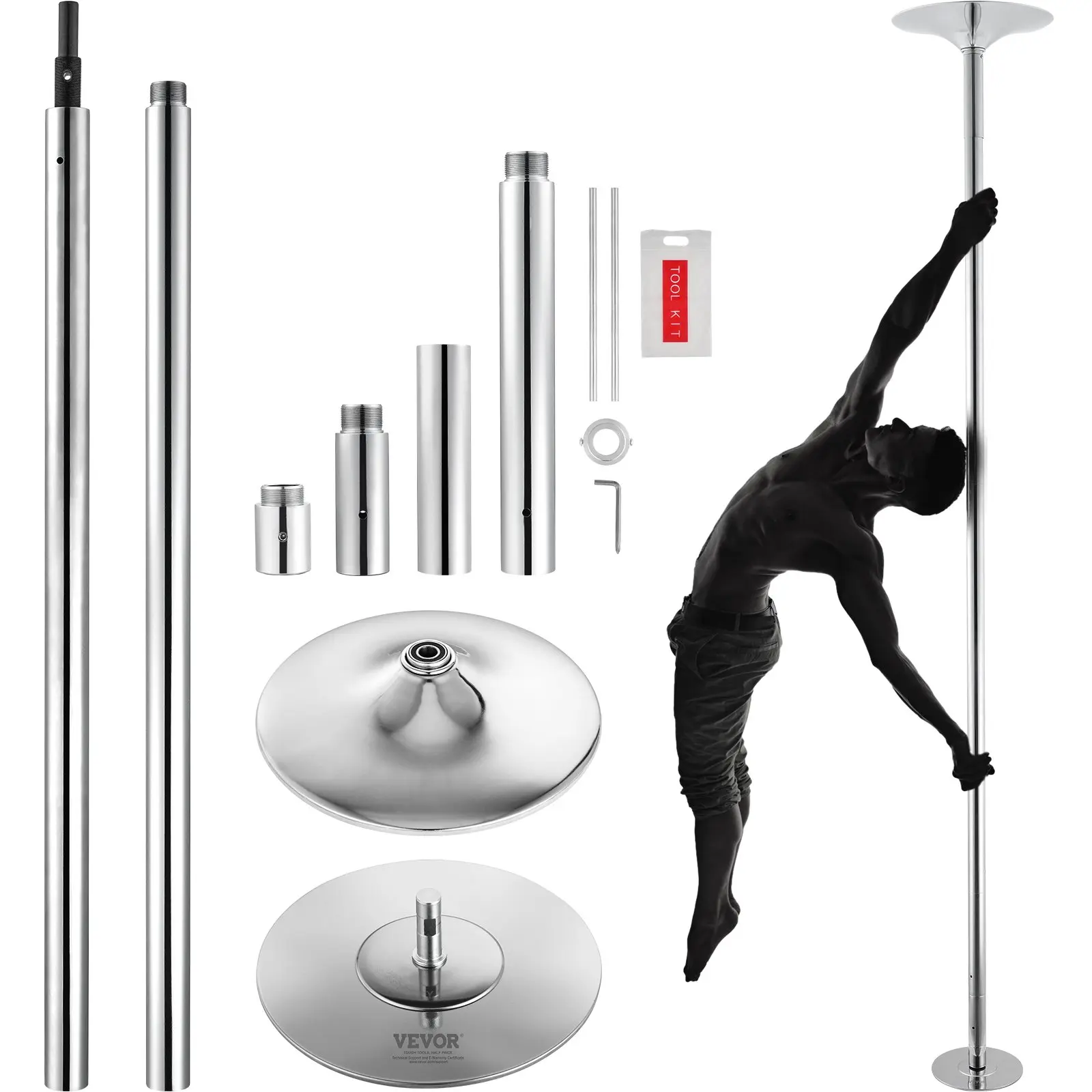 Professional Spinning and Static Dance Pole Kit Portable Removable Heavy Duty 45mm Stainless Steel Height Adjustable Fitness Pole for Gym Exercise Studio Silver