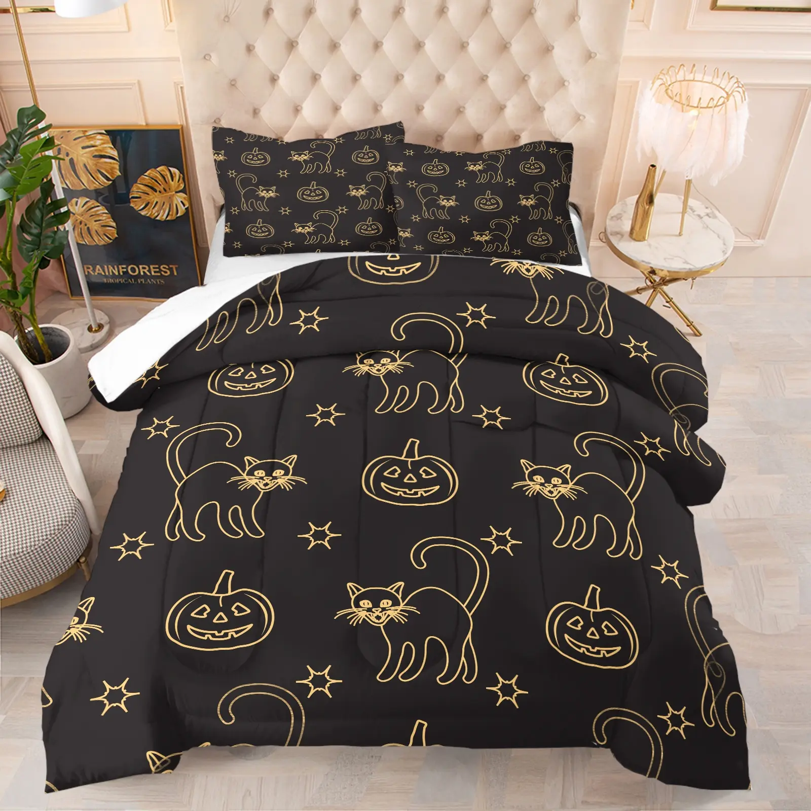 Cat and Pumpkin Print Quilt Set, Soft Comfortable Bedding, Includes Blanket No Pillowcase, Ideal for Adults and Kids, Dorm Room Decor