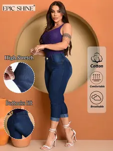 Women's High Waist Butt Lifting Nine-Inch Jeans, Elastic Slim Fit Denim Jeans, Deep Blue Stretch Rolled Hem Tight Jeans, Office Wear