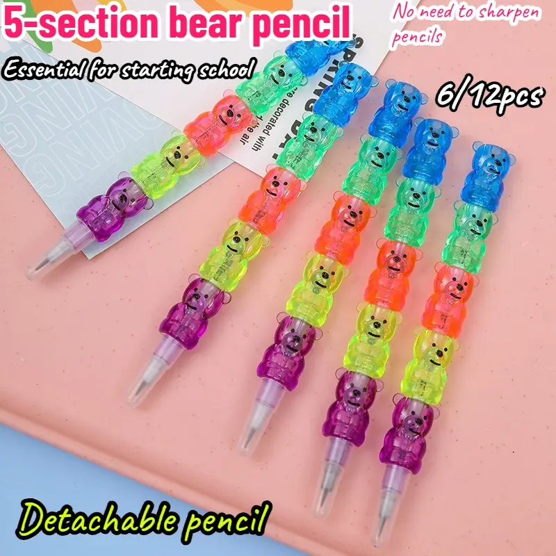 6/12Pcs 5 Section Detachable Bear HB Pencils No Sharpen Needed Color Stackable Plastic Writing Pencils Cute Novelty Stationery For Kids Classroom Reward Party Favors Christmas Stocking Stuffers Holiday Small Gift