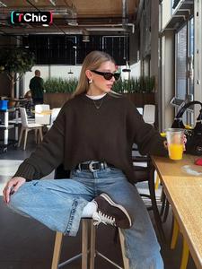 women's casual loose-fit sweater, round neck ribbed knit top, fall & winter fashion, comfortable and versatile pullover