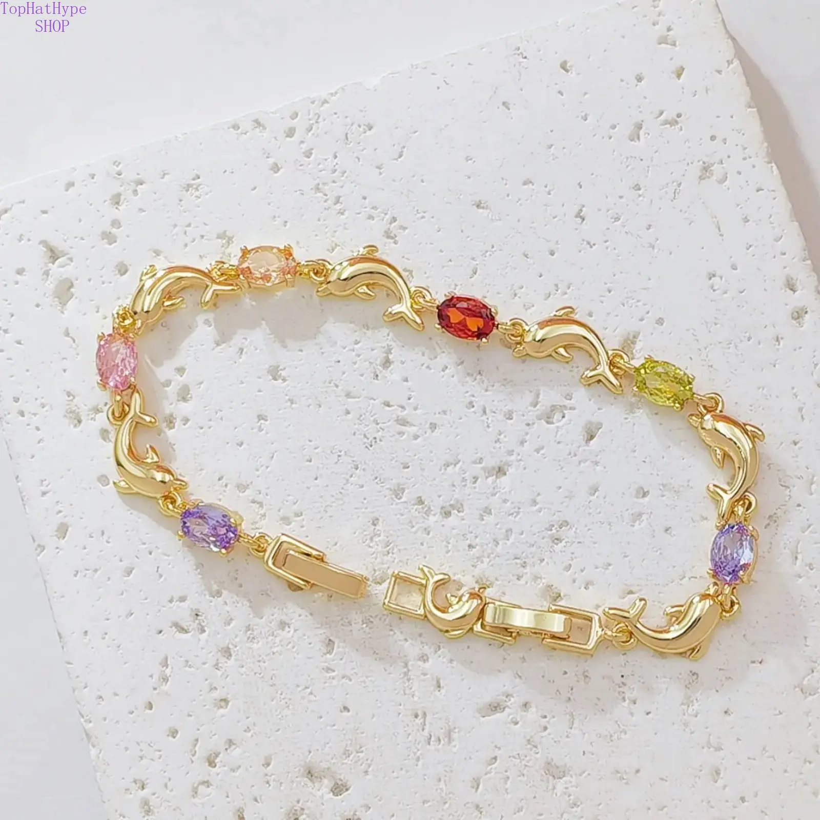 14K Gold Plated Dolphin Link Bracelet for Women, Dainty Chain Bracelet with Oval Multicolor Cubic Zirconia Charms, Ocean Animal Stackable Fashion Jewelry Gift for Summer Beach Birthday