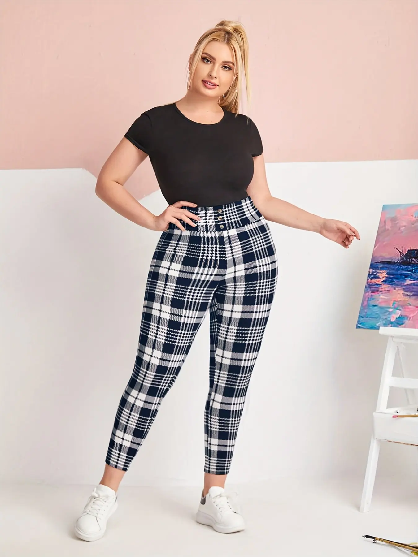 Trendy Plaid Print Tight-Fit Pants, High Waist Front Button Design, Comfortable Slim Fit Leggings, Fashionable European and American Style