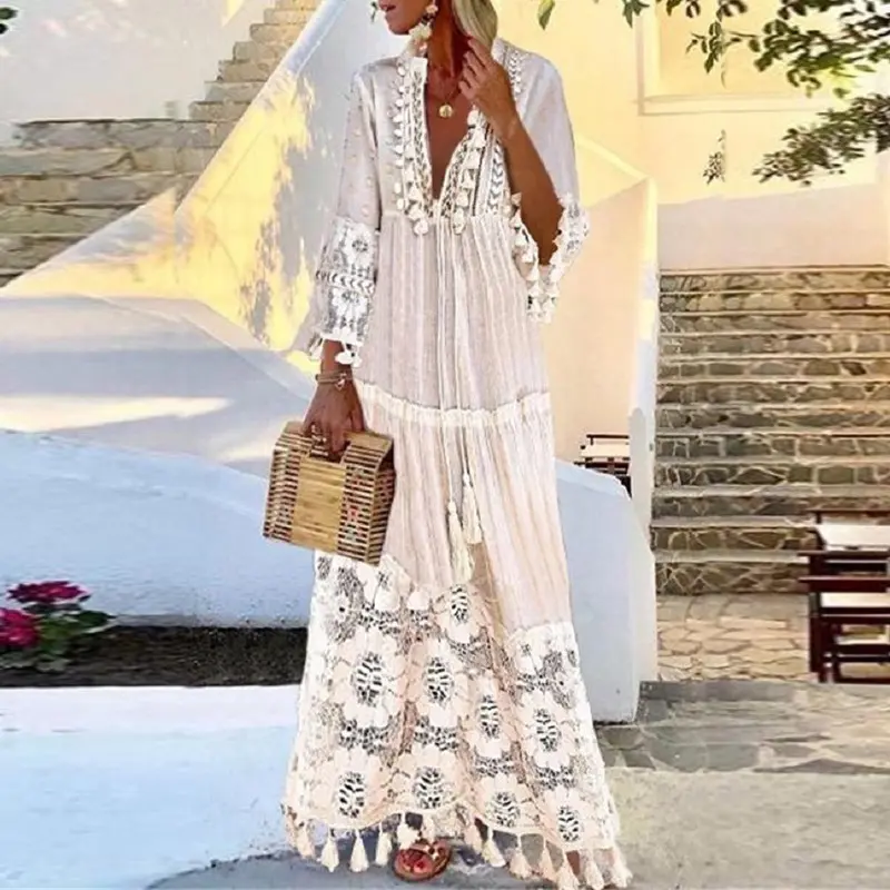Women's Bohemian V-Neck Maxi Dress with Elegant Floral Embroidery, Long Sleeves, Lace Details and Tassel Fringe, Bag, Simple, Casual, Relaxed Fit