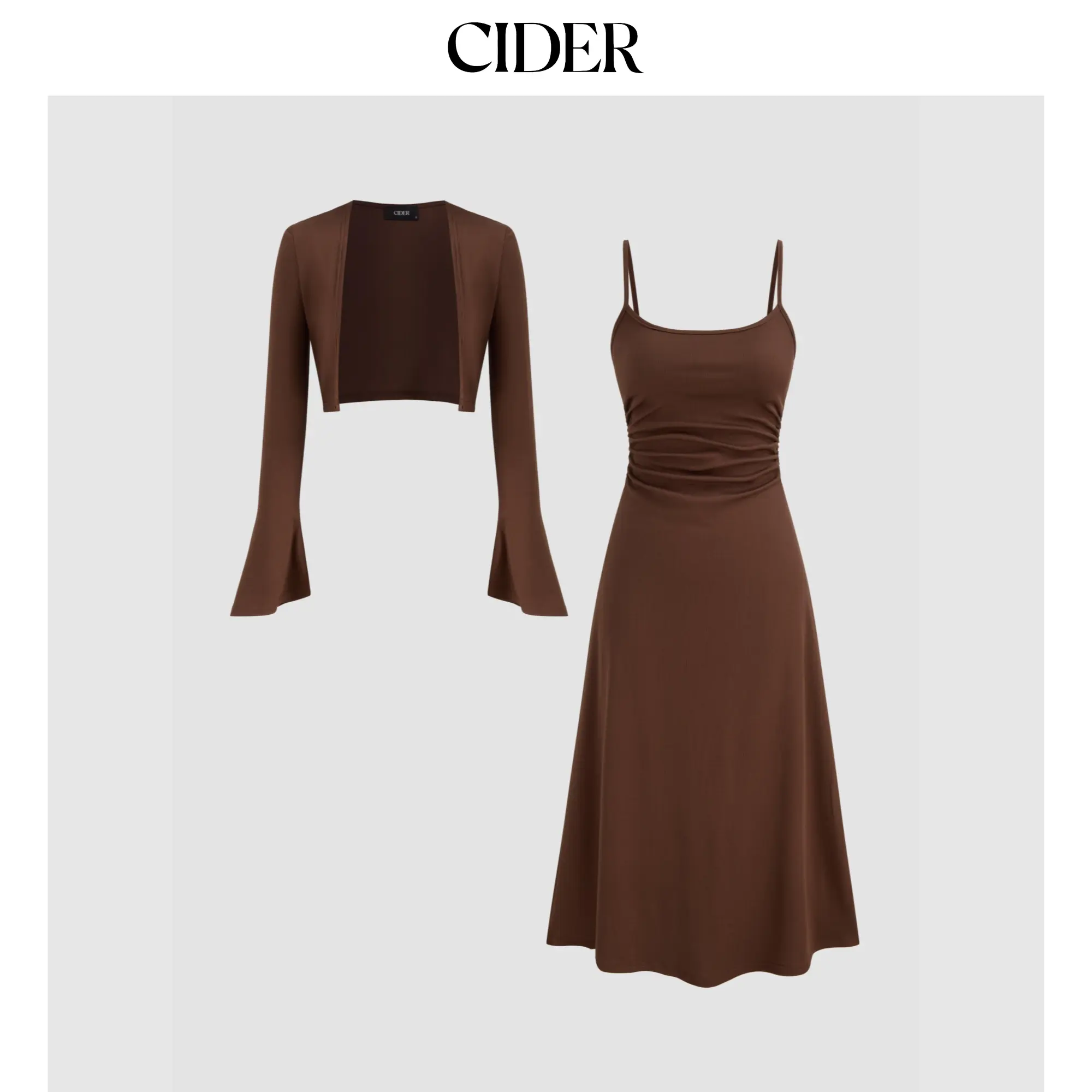 Cider Ruched Solid Cami Maxi Dress & Solid Long Sleeve Shrug