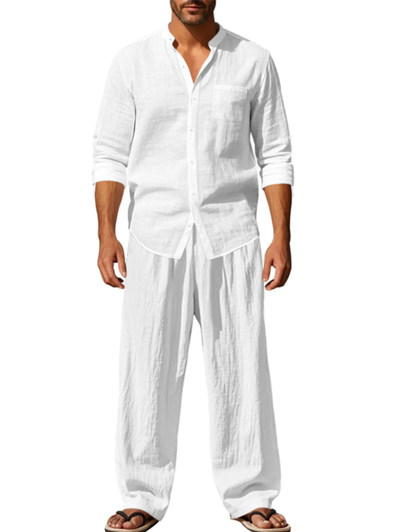 Cross-Border Autumn Linen Loose Breathable Simple Henry Shirt Long Sleeve Home Beach Pants Matching Casual Set for Men, Comfortable and Stylish
