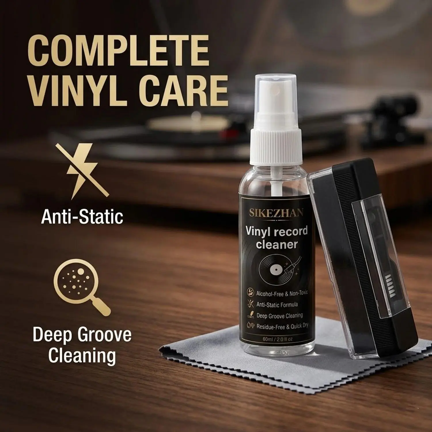 SIKEZHAN Vinyl Record Cleaner Kit, Cleaning Products, Safe Alcohol-Free 60ml Spray, Anti-Static Velvet Brush & Microfiber Cloth, LP Turntable Care Set to Restore Vintage Sound Quality, Remove Dust & Protect Vinyl Record Collection Today!