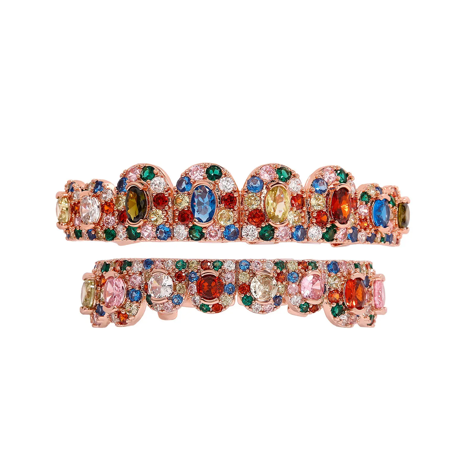 Multi-Color Gem Inlaid Hip Hop Teeth Grillz, Full Bling Cubic Zirconia Gold Tooth Caps, Iced Out Upper & Lower Dental Grills, Sparkly Christmas Party Hip Hop Jewelry for Male Rappers