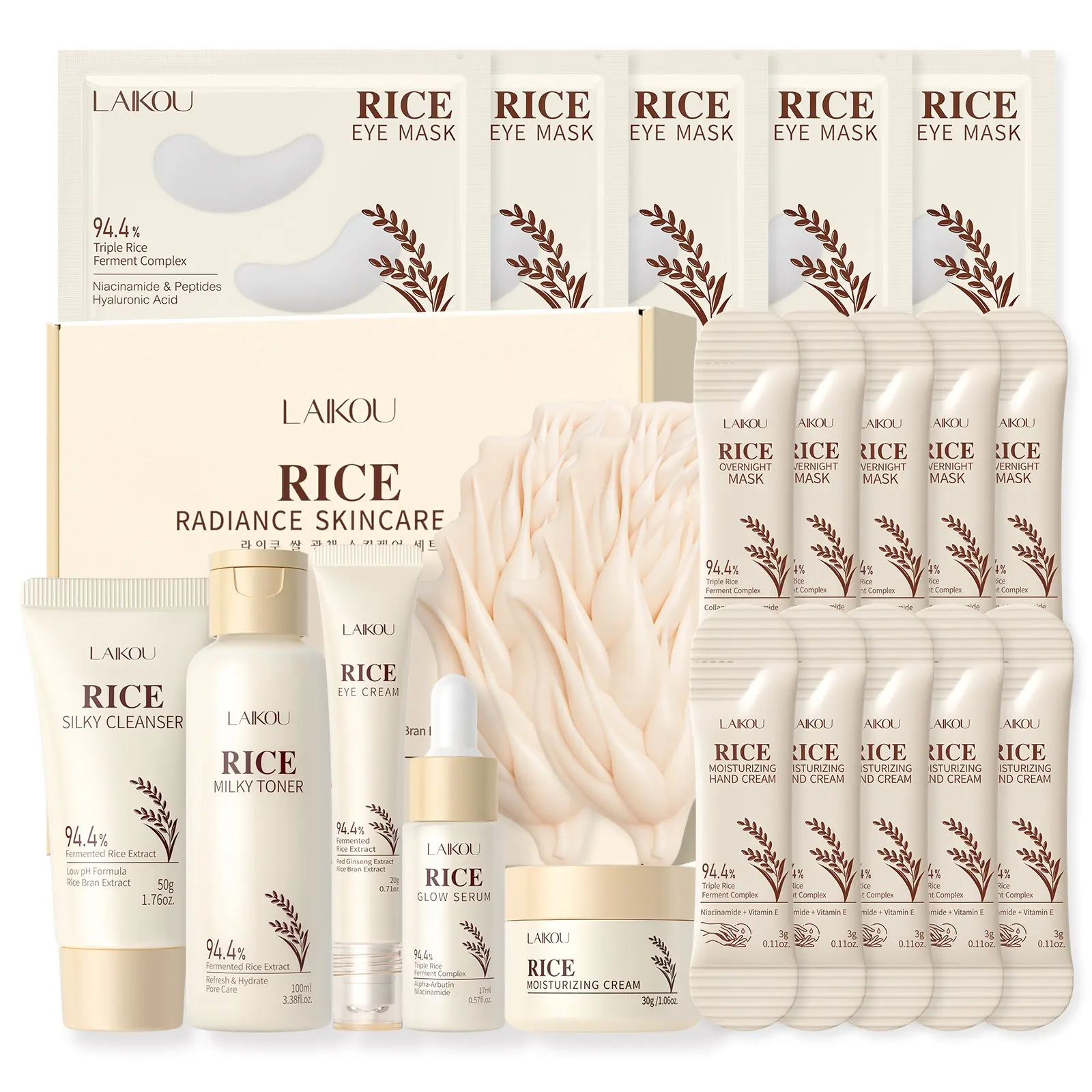 LAIKOU Skin Care Set, Korean Skin Care with Rice Cleanser, Toner, Serum, Eye Serum, Moisturizing Cream Sleep mask, Hand cream, Shampoo bar, Eye mask, 22pcs for Women Teen Girls Mom Daughter Mother's Day Birthday Christmas Lover Korean Beauty