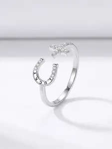 Faith & Fortune Silver-Plated Ring, Open Style with Horseshoe and Cross, Set with Clear Zircon, A Meaningful Gift for Special Occasions or Sentimental Gifting
