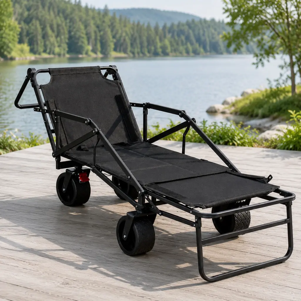 Heavy-Duty Wagon Cart with 650 lbs Capacity, Convertible Beach Chair, All-Terrain 360° Swivel Wheels, Collapsible Steel Garden Trolley for Camping, Beach, Shopping, Black
