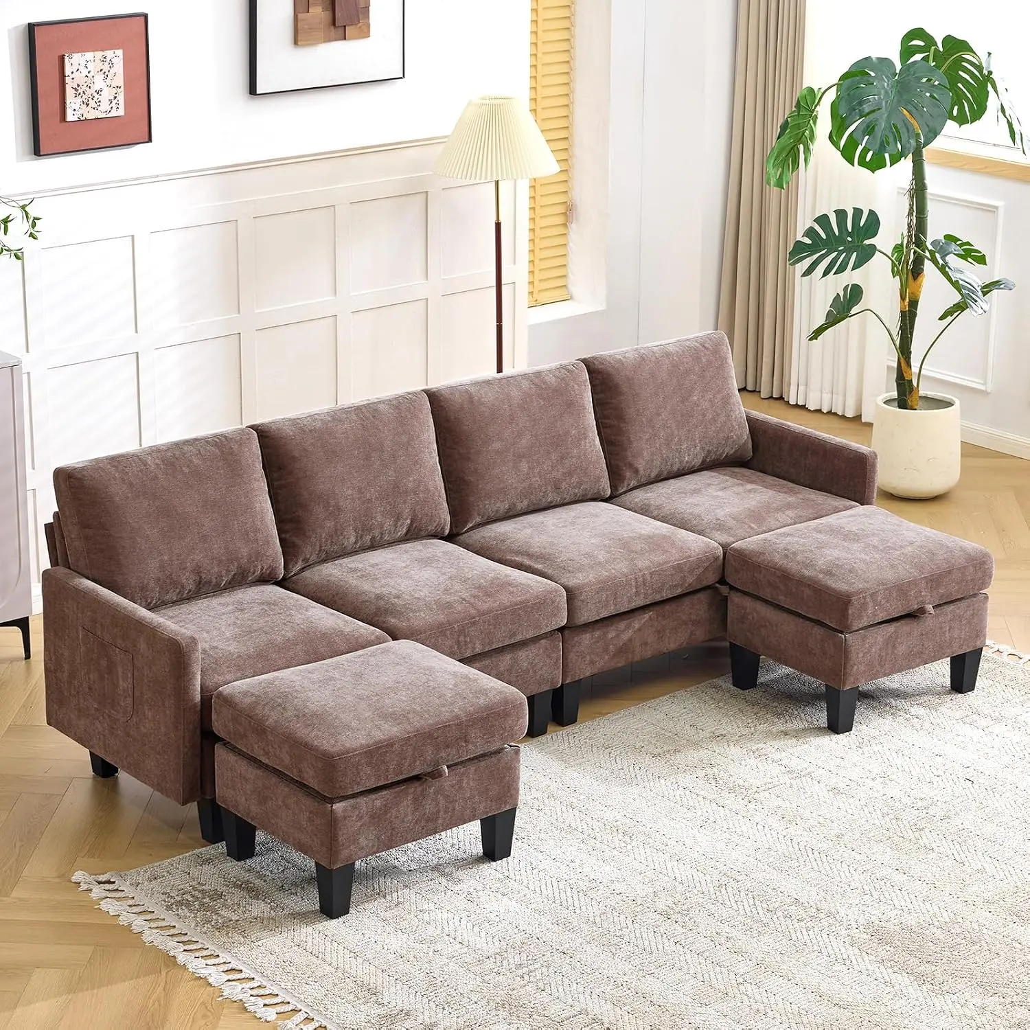 VINGLI 100" W Modular Sectional Couch, U-Shaped Chenille Fabric Cloud Sofa with Storage, Movable Ottoman, Space Saver for Small Living Rooms