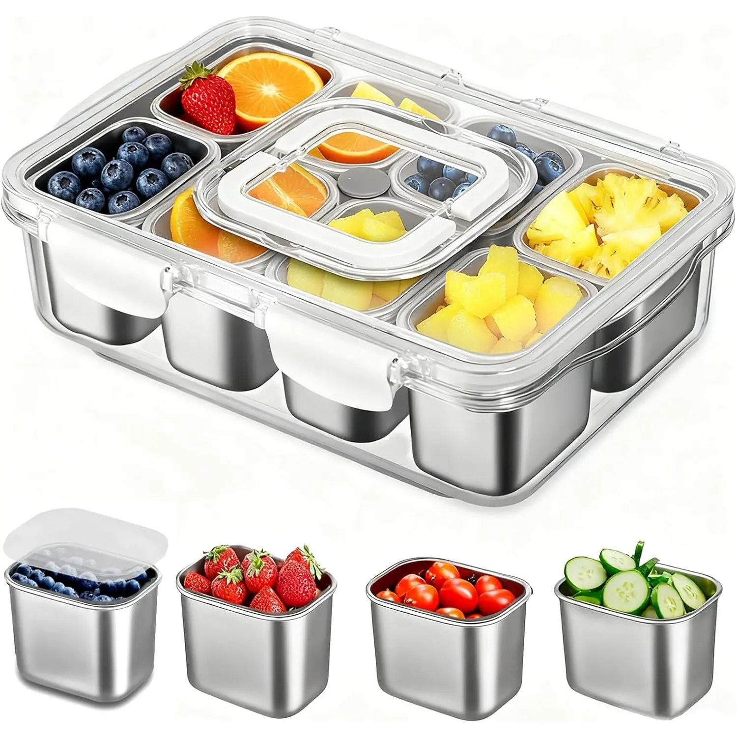 Box Container, Stainless Steel Divided Serving Tray with Lid and Handle, Large Snack Tray for Fruit Veggie Candy, 8-Compartment Snack Platter for Travel Party Beach Picnic