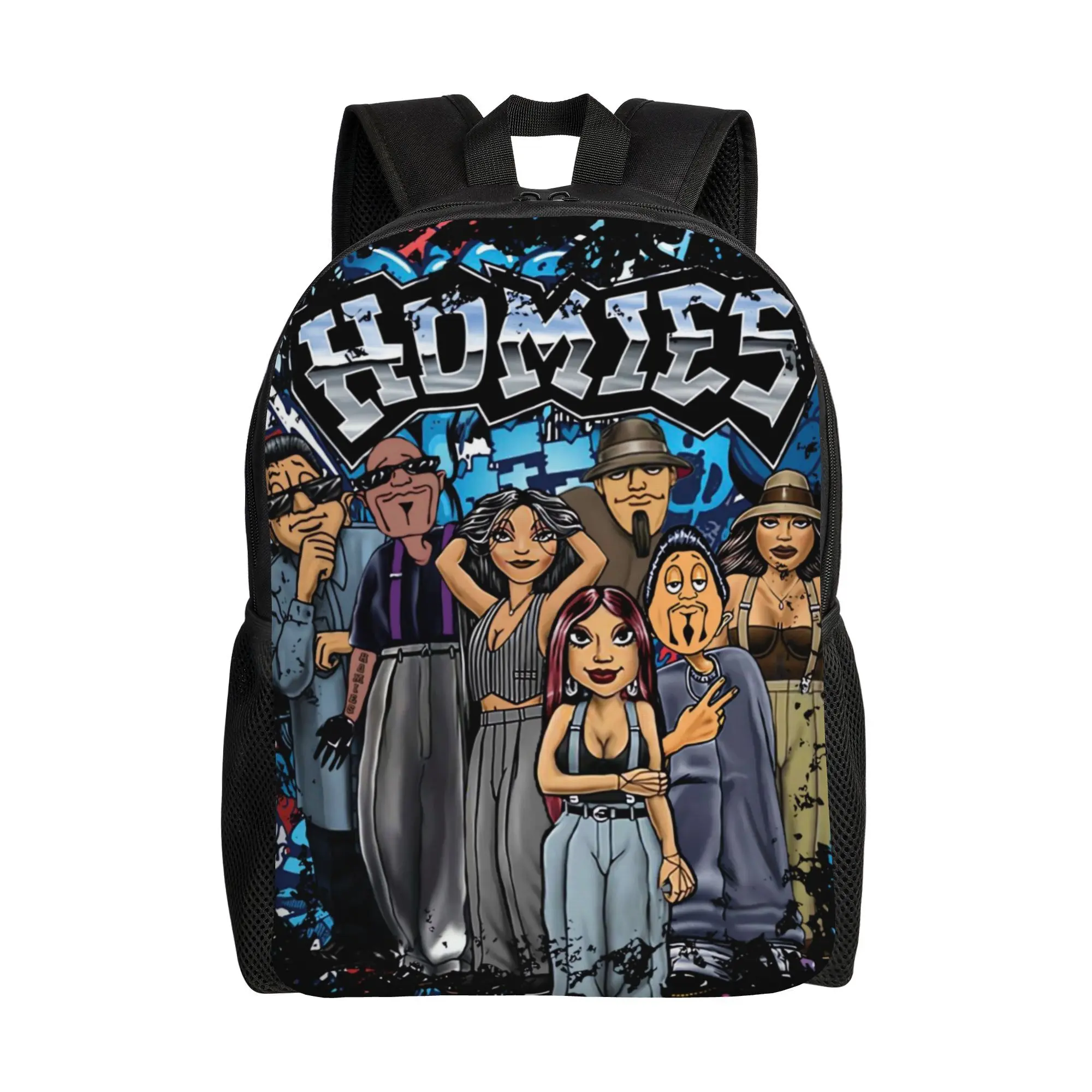 1PC Water Resistant Backpack, Homies Full Crew Graffiti Blue Background Print School Bag 600D Oxford Chicano Lowrider Street Culture Fans Daily Single Backpack