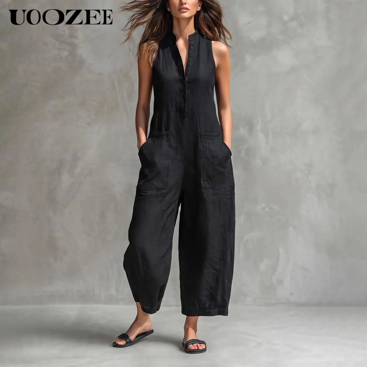UOOZEE Women's Chic Overalls Jumpsuit - Classic Sleeveless Mock Neck, Lightweight Rayon Blend, Solid Black Loose Wide Leg, Pockets for Beach Holiday Vacation, Bag, Style, Loungewear