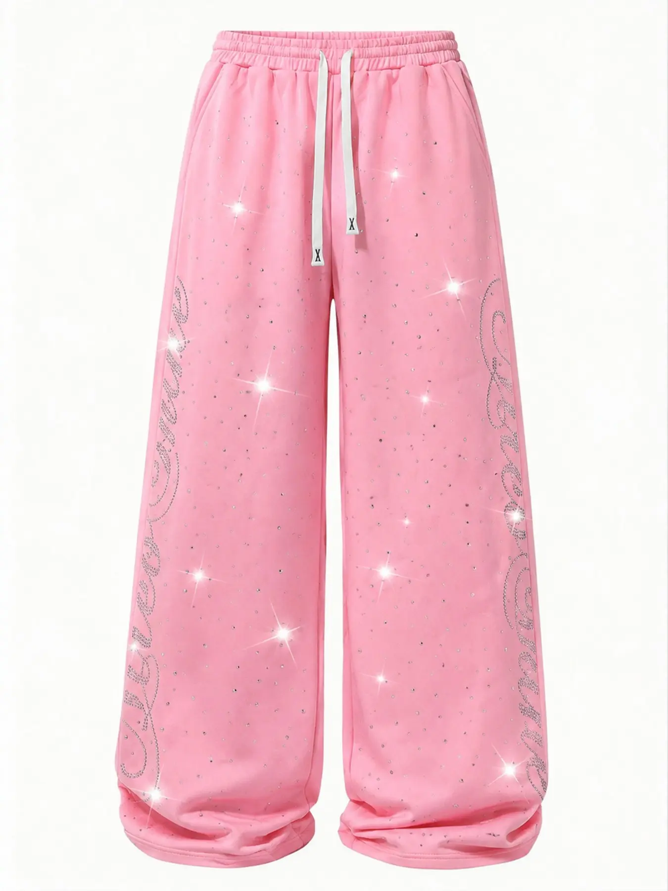 Women's Pink Rhinestone Wide-Leg Sweatpants With Y2K Sparkly Letter Hot Drill Decor, Drawstring Elastic Waist Loose Trousers, Perfect For Street, Daily, Party And Casual Outfits