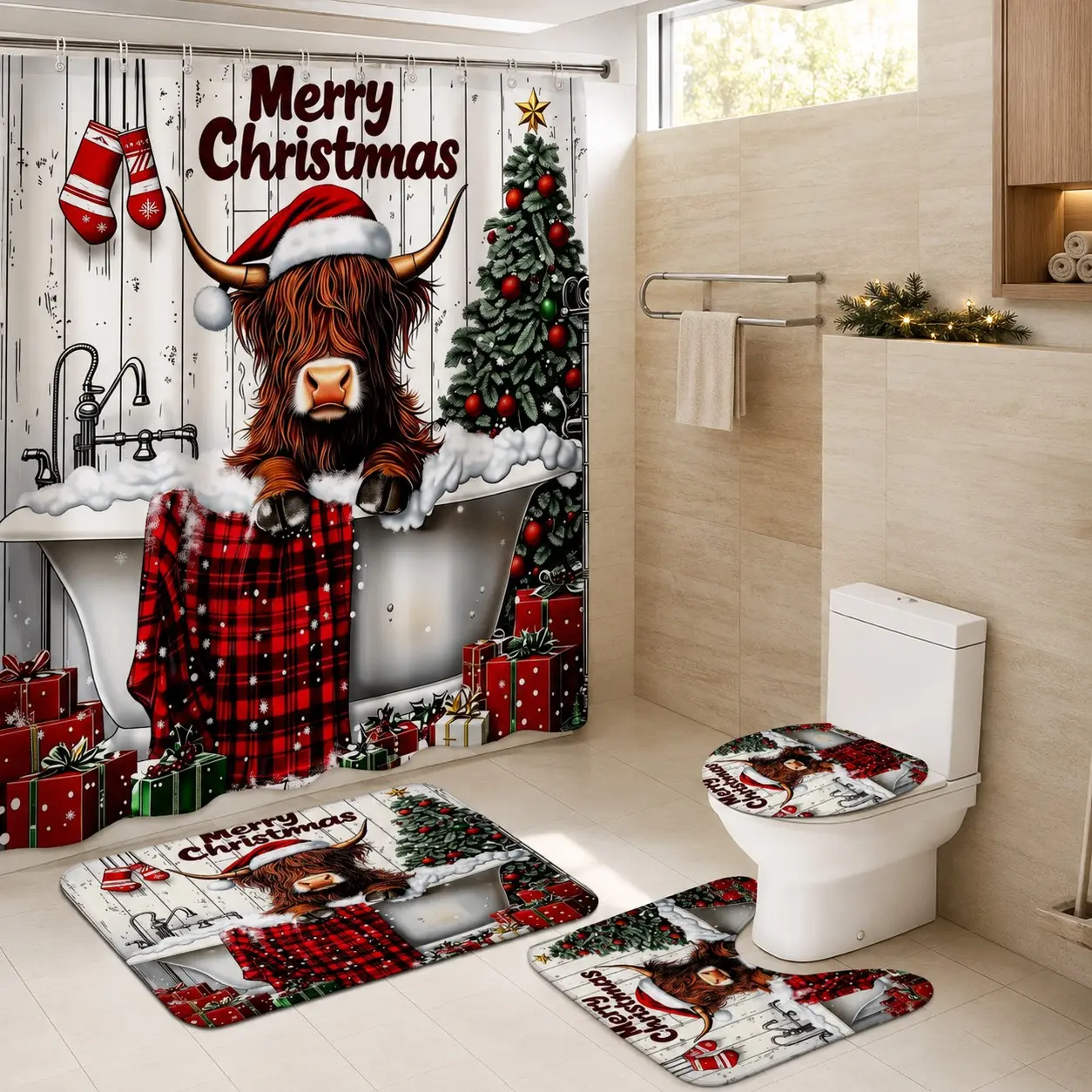 4pcs Merry Christmas Highland Cow Shower Curtain Set, Cozy Winter Bathroom Decor, Tartan Plaid, Tiktok Trending Holiday Decor