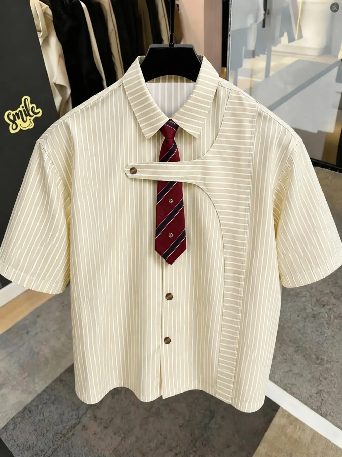 Striped Shirt for Men and Women, Mock Tie Detachable, Asymmetric Placket, Casual Street Fashion, Party, Vacation, Business Casual, Casual Clothes, Casual Apparel, Tops, Aesthetic