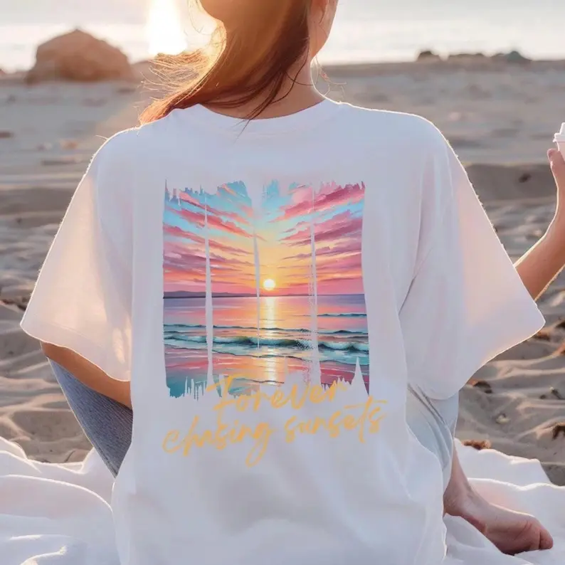 Summer Shirt Forever Chasing Sunsets Beach Hoodie Summer Vacation TShirt Pink Sunset Tee Beach Bum gift for Beach Trip Sunset Graphic Tee