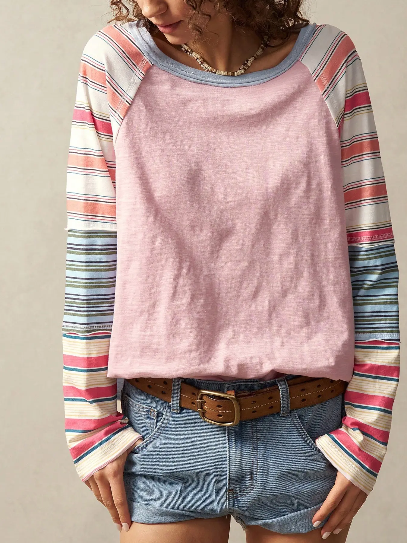Women's Colorful Striped Raglan Long Sleeve T Shirt, Y2K Casual Clothes Women, Crew Neck Patchwork Loose Top, Fashion Blouse for Streetwear, Daily & Vacation Outfit, 2026 Trendy Retro Tee