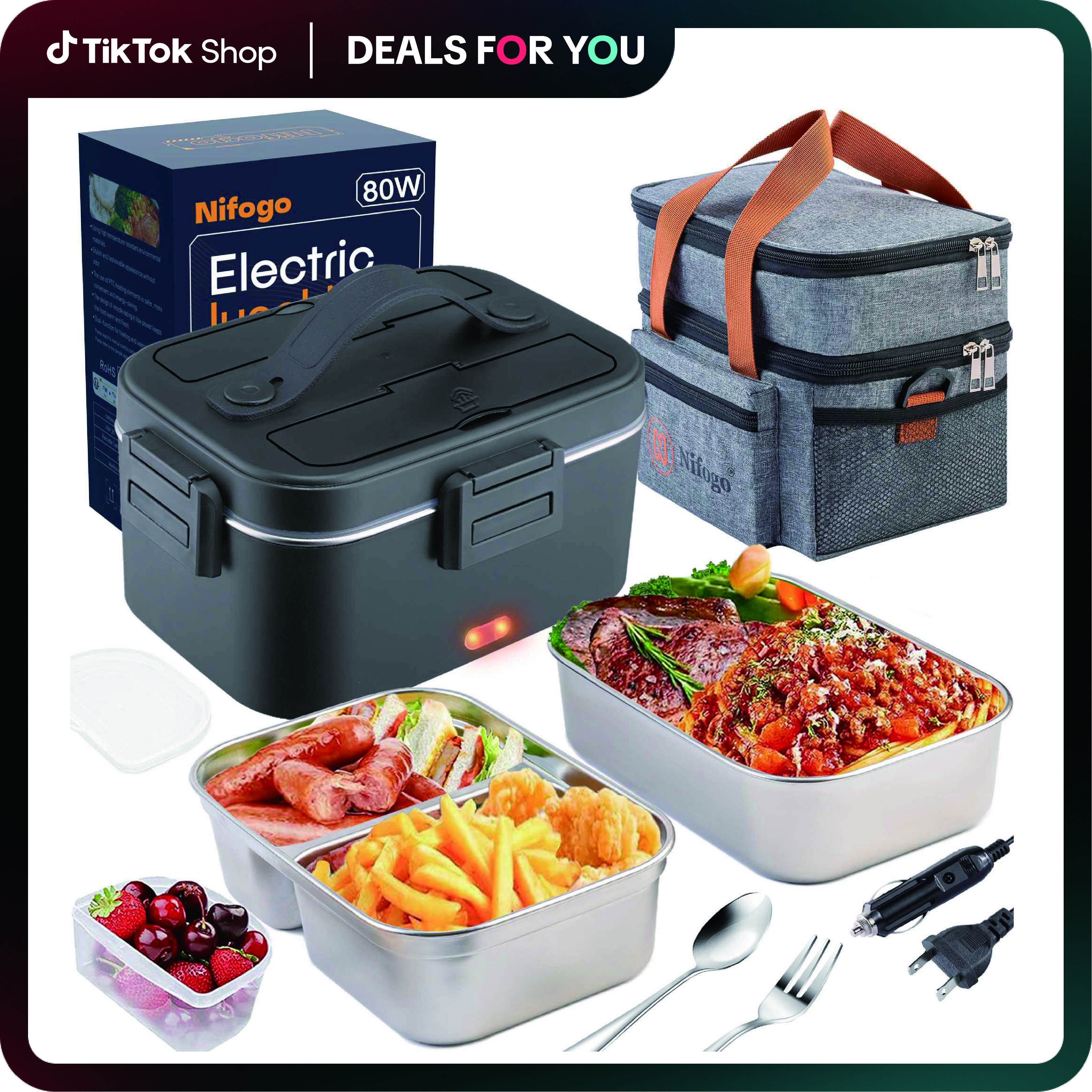 304 Stainless Steel Electric Lunch Box Food Heater for Adults, 1.8L On-the-Go Quick Heating Portable Warmer with Removable Container, Fork, Spoon & Bag, 12V/24V/110V for Car/Truck/Office