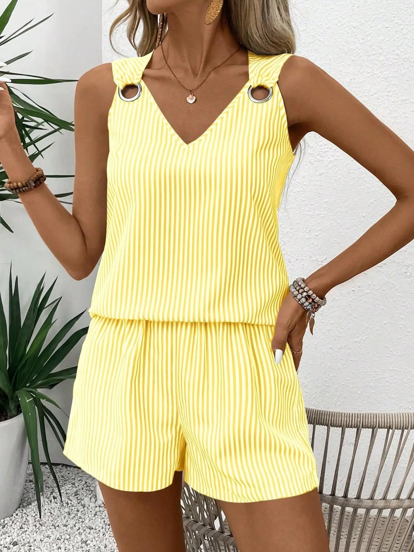 Women Summer Striped Sleeveless Two-Piece Outfit, Lightweight Casual Top Set for Daily Vacation