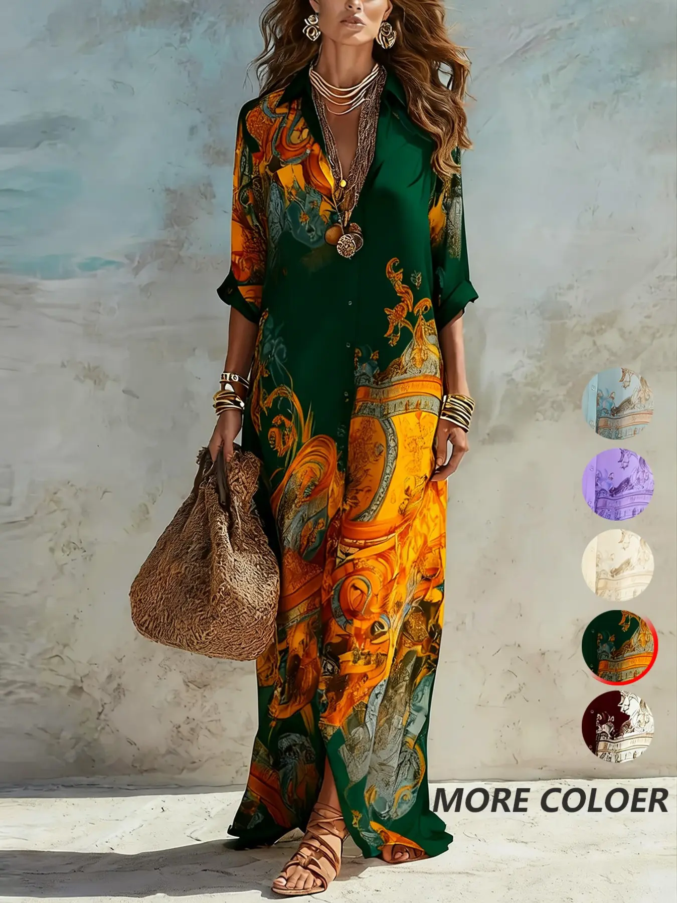 Casual Random Print Notched Lapel Button Long Slim Fit Dress, Women's Fashionable Evening Wear, Elegant and Comfortable Design, Elegance