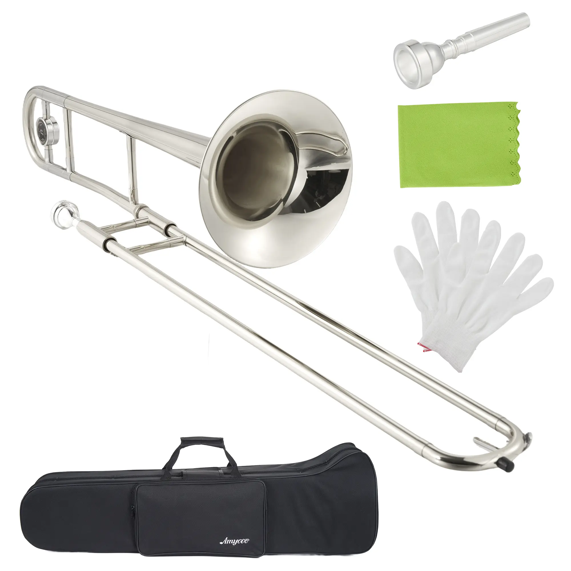 B Flat Alto Trombone - Nickel Plated Finish, Brass Trombone with Mouthpiece, Case, Cleaning Cloth, Gloves and Cleaning Rod, Professional Musical Instruments for Beginners Students