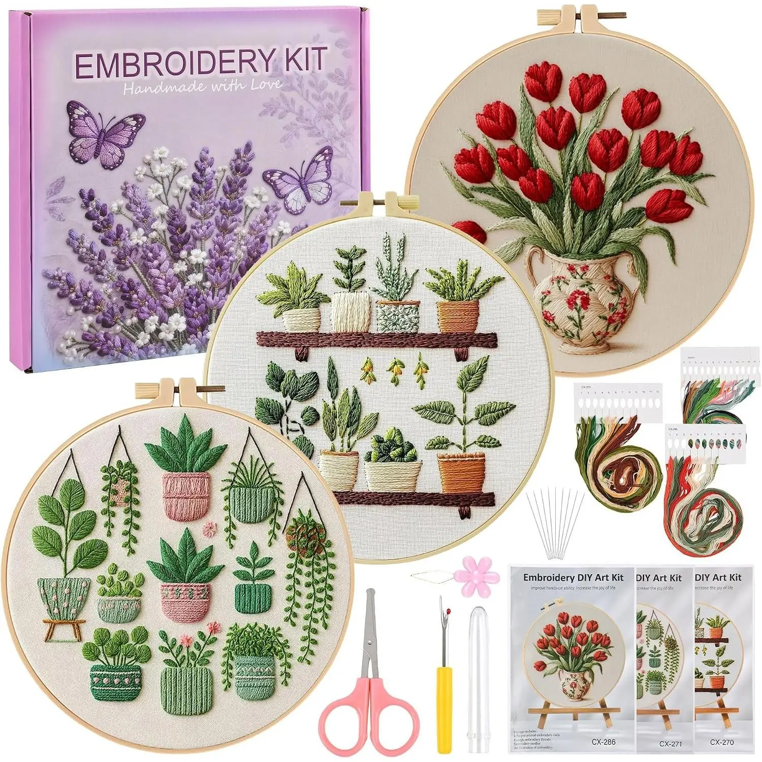 3 Pack Embroidery Kit for Adult Beginners, Needlepoint   Kits with Flower and Green  Stamped Patterns, Embroidery Hoop, Tools,Colorful Threads,Step by Step Instructions,DIY Starter Kit