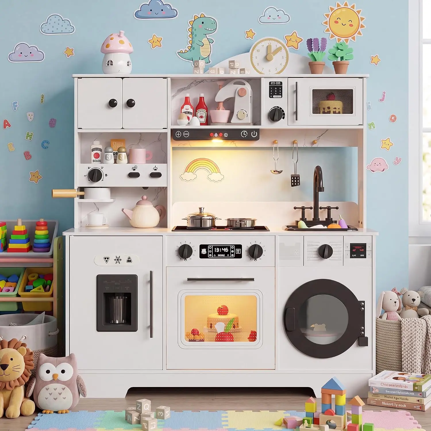 Play Kitchen for Kids, Wooden Kids Play Kitchen Playset Chef Pretend Play Set for Toddlers with Real Lights & Sounds, Toys Kitchen Toy Food & Cookware Accessories
