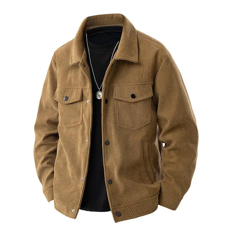 Men's Relaxed Fit Corduroy Trucker Jacket - Casual Basic Look, Polyester Corduroy Texture, Snap Flap Pockets, Regular/Fleece-Lined Warm Coat for Fall Winter Street Wear, Ideal Gift for Boyfriend