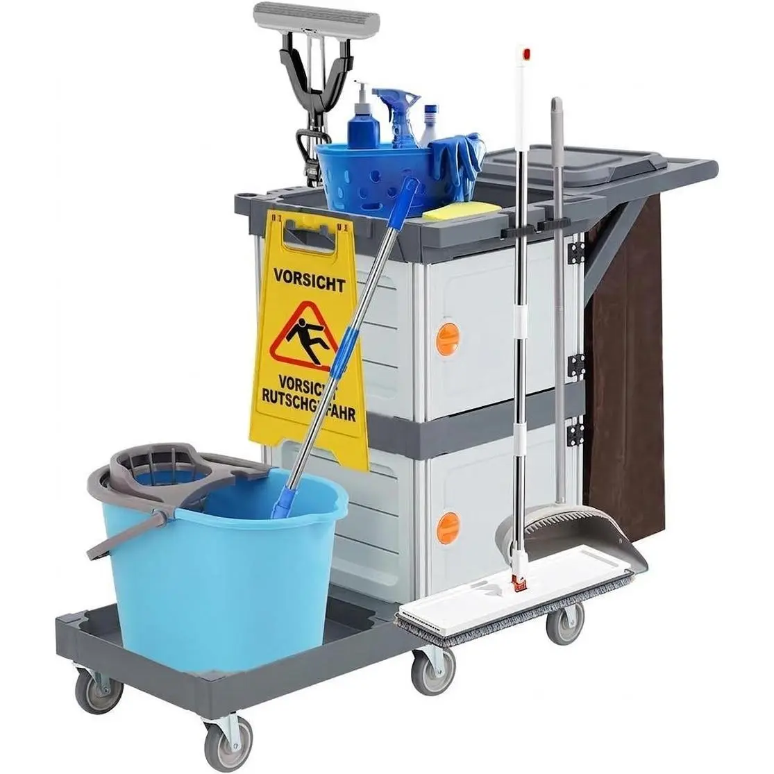 Gray Rectangle Vinyl-Aluminium Janitorial Cleaning Organiser Cart, Double-Cabinet with Trash Cover, 3 Racks, 6 Lockable Casters, 220 lb Total Capacity, 80 lb Per-Shelf Capacity, Assembly Guide for Apartment Hallways