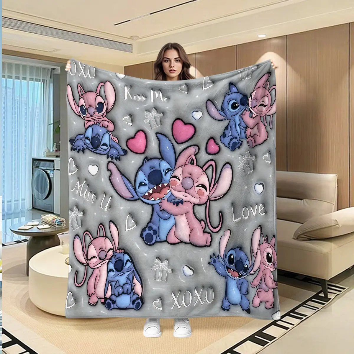 Stitch Heart Print Blanket, Couples Sofa Lounge Nap Blanket, All Seasons Flannel Throw, Holiday Gift, Wall Hanging, Outdoor Travel Blanket