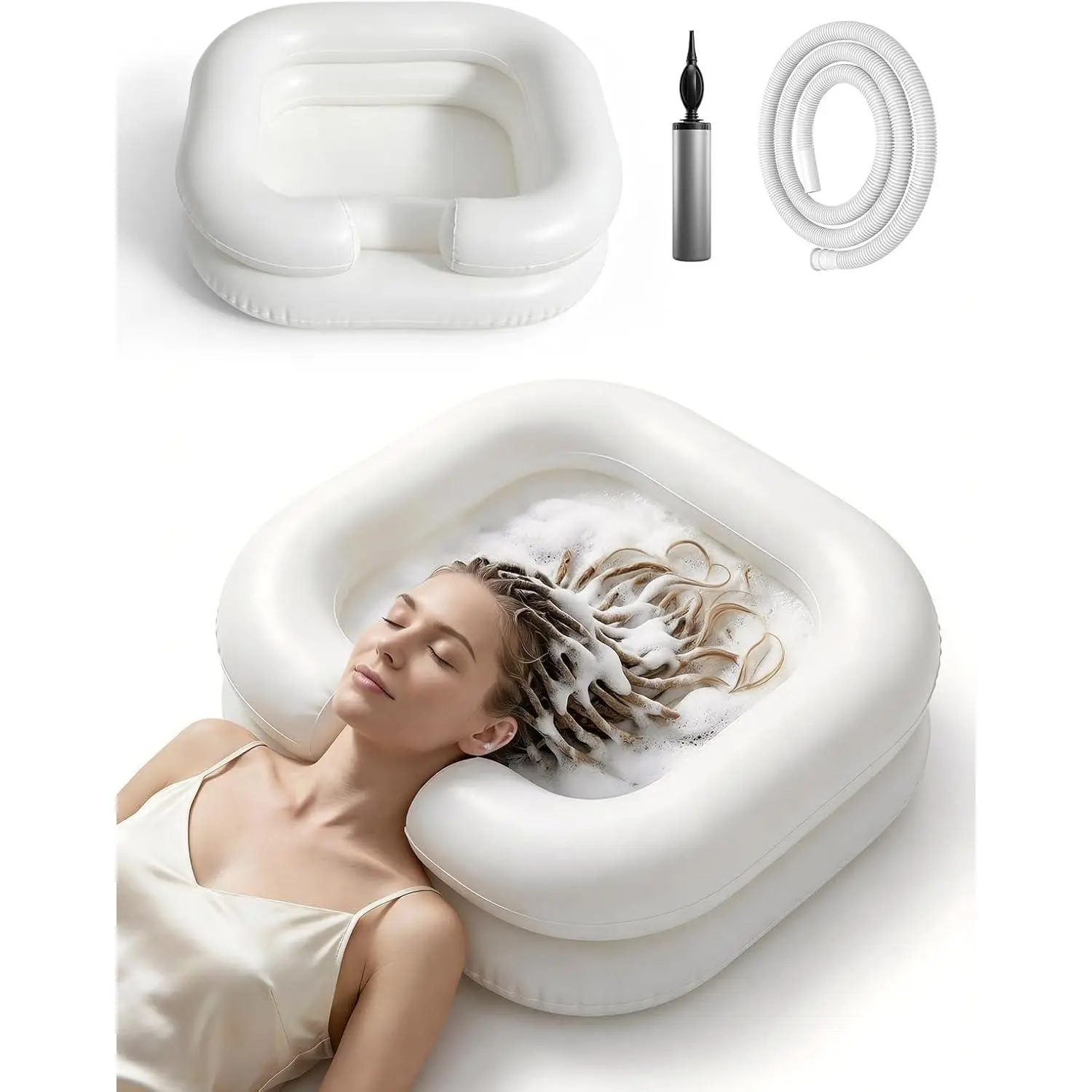 Compact Inflatable Shampoo Bowl Hair Station - Home Bathroom Wash Tub for Bedridden/Elderly, Ideal for Locs Detox, ACV Rinse & Sink Use (White)