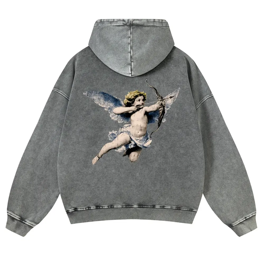 Men's Vintage Washed Cotton Hoodie - Unisex Oversized Angel Cupid Graphic, Heavyweight Fleece Pullover, Casual Spring Tops with Comfortable Fit, Vintage Grey Streetwear Sweatshirt, Long Sleeve