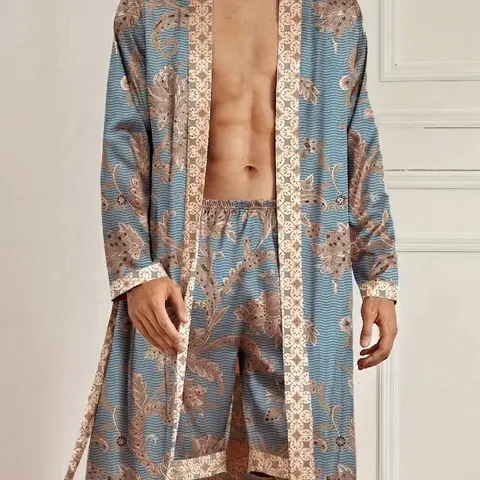 Men's Oversized 2-Piece Robe & Shorts Pajama Set, Tie-Front Kimono Casual Loungewear for Sleep, Lounging & Home Wear