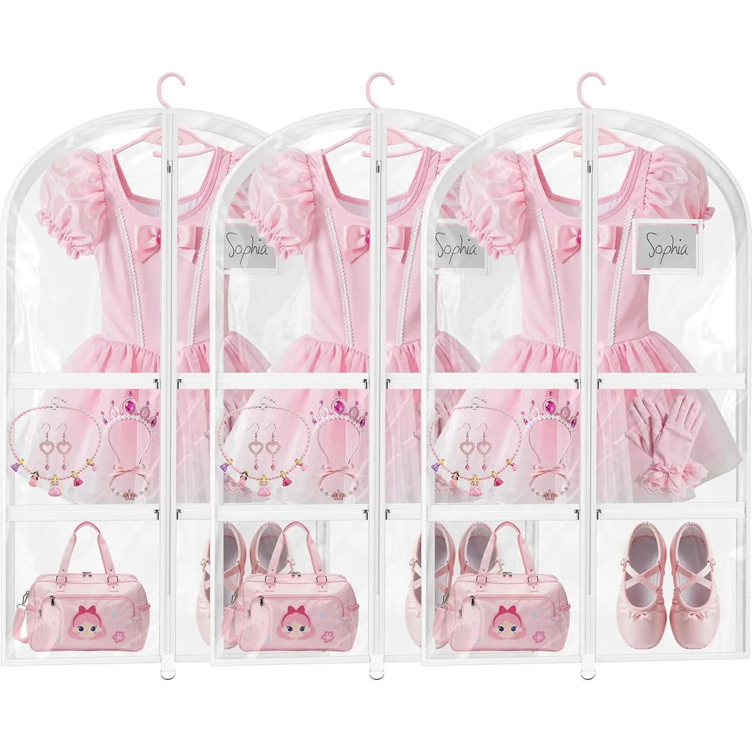 3 Pack Clear Dance Garment Bags for Dancers, 40" Waterproof Dustproof Dance Costume Bags for Hanging Clothes with 5 Large Zipper Pockets for Dance Competition, Suitable for Dress, Uniform