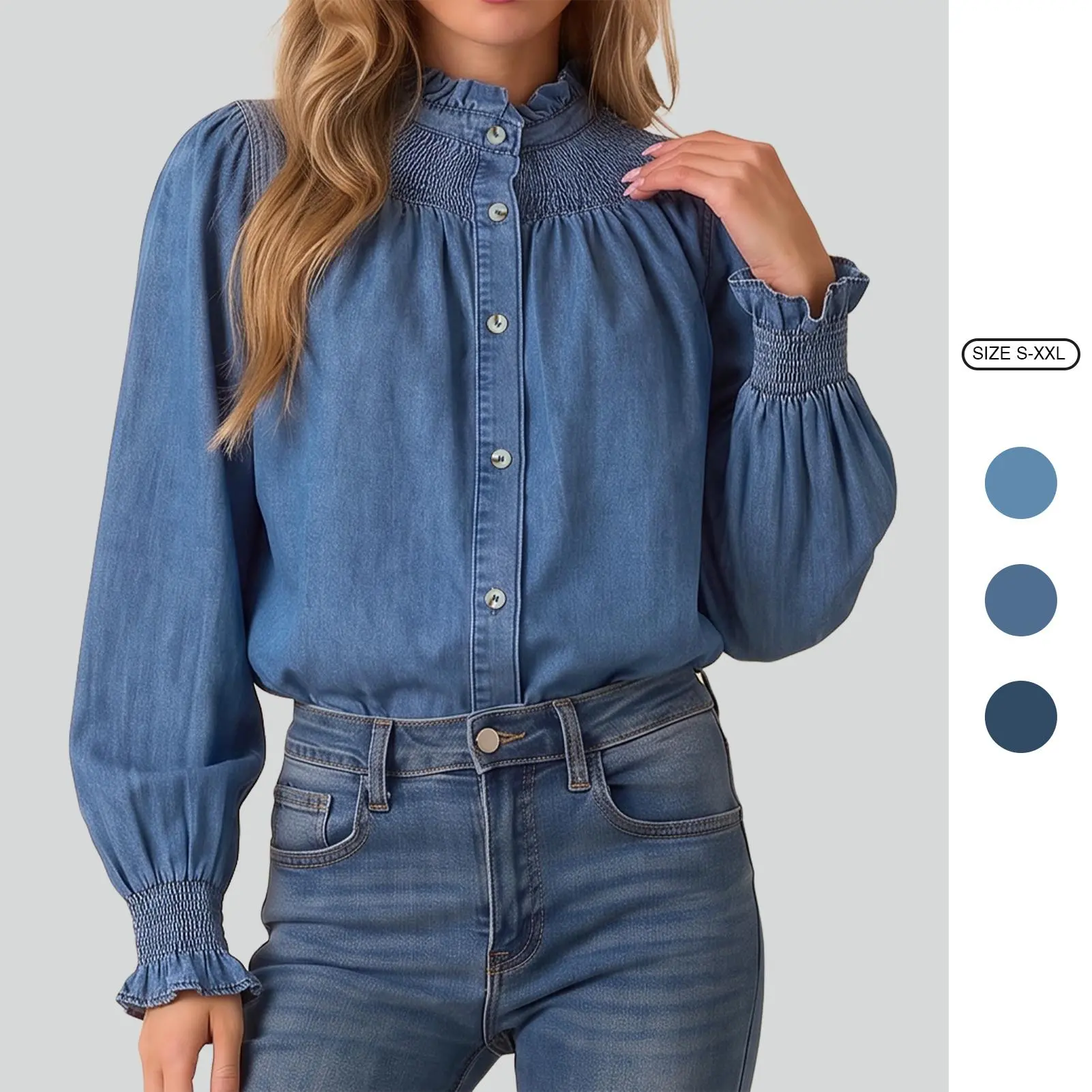 Imily Bela Women's Smocked Chambray Top Fall  Long Sleeve Button Down Denim Shirt