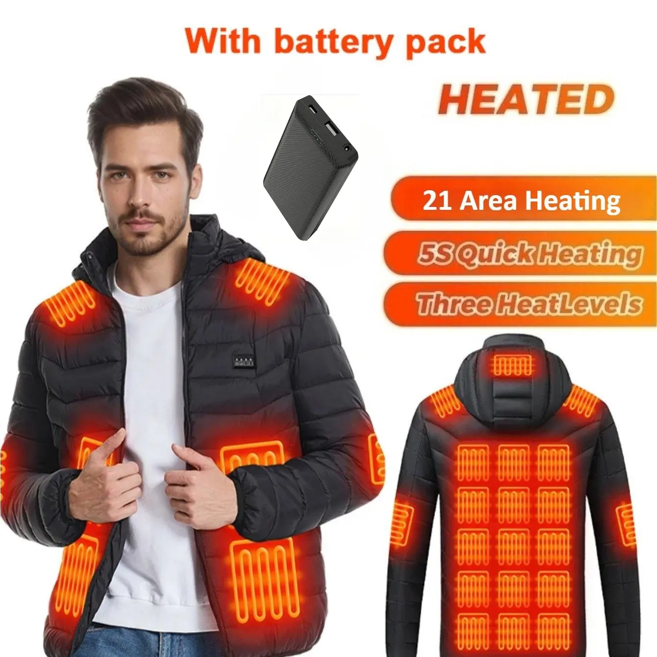 Male Long Sleeve Heated Jacket - USB Powered, 3 Heat Levels, 21 Area Heating Zones, Zip-Up Warm Outerwear for Outdoor Camping, Skiing (Smart Wearable Accessory), Outdoor Gear, Three Heat Levels