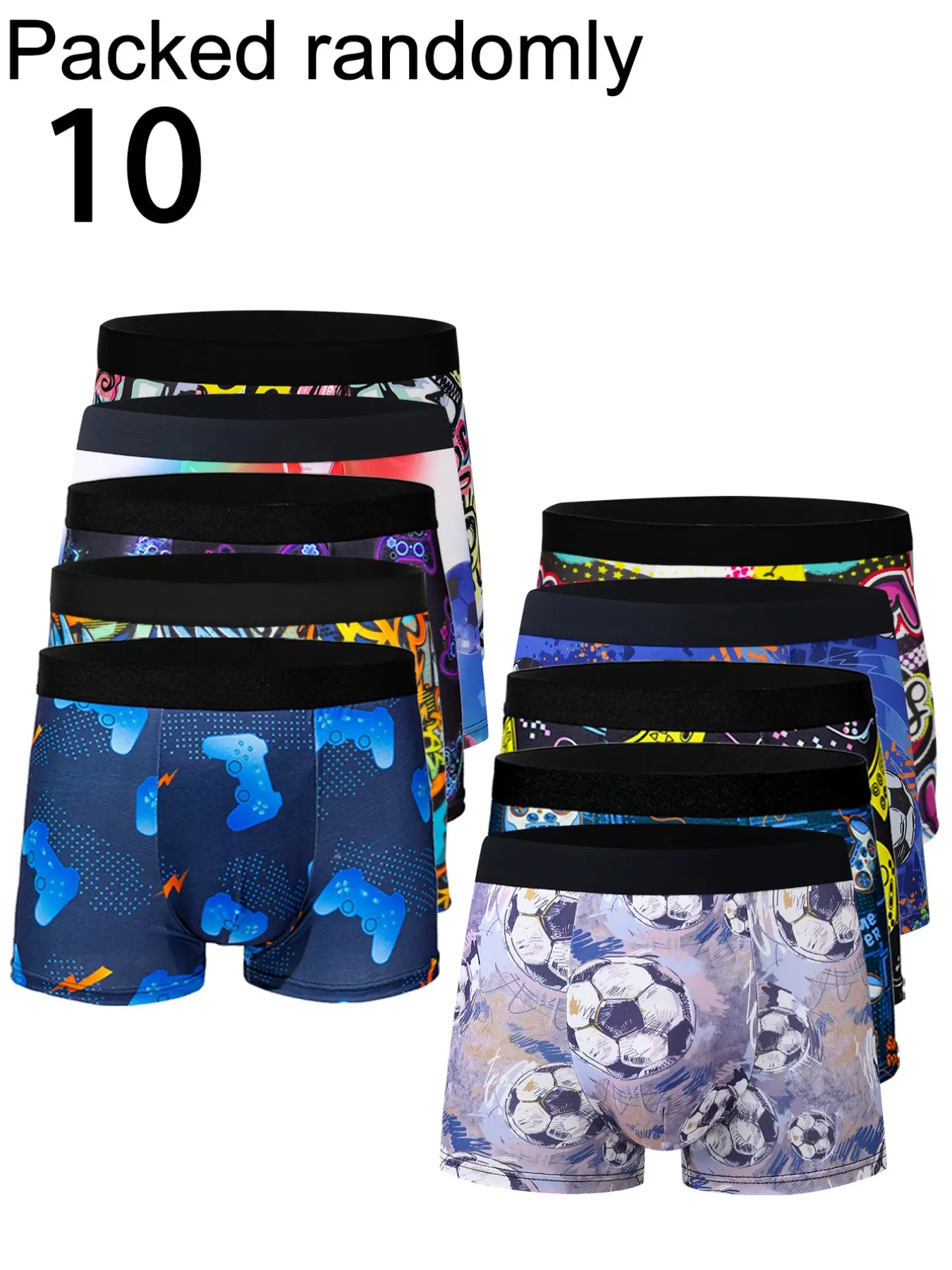 10-Pack Men's Gaming Controller Football Graffiti Print Boxer Briefs, Casual High-Elastic Loose Fit, All-Season Sporty Trunks