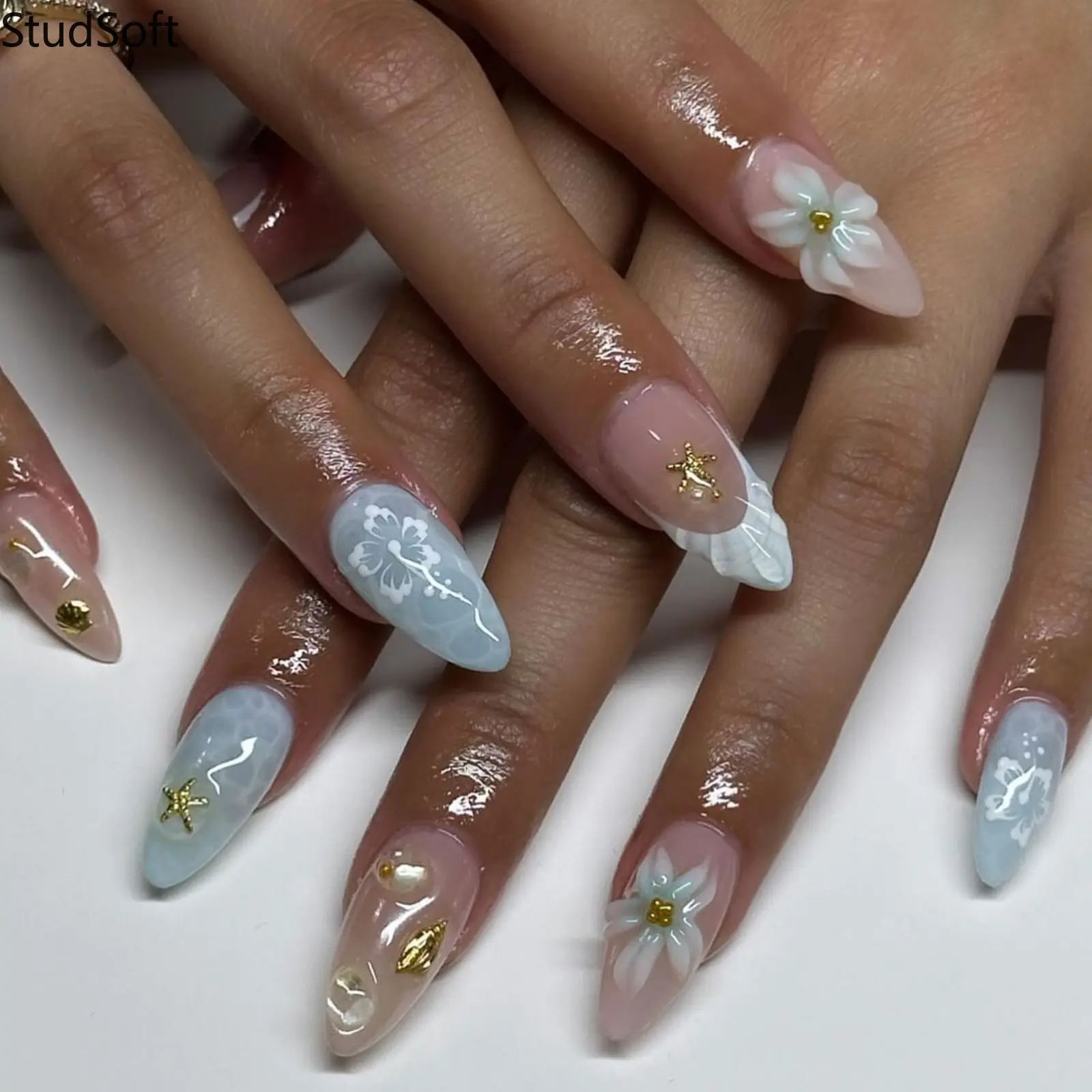 Ocean Blue Jelly Press on Nails with 3D Seashells & Starfish, 24-Piece Medium Almond Shape Kit, Full Coverage for a Summer Beach Look, Jelly Nails, Nail Designs, Diy Fake Nails
