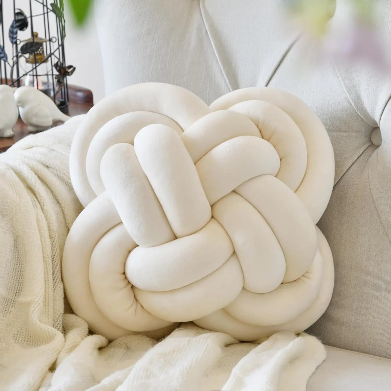 Knot Pillow Ball, 12" Decorative Throw Pillows for Couch Bed, Beige | Decor Knotted Square Floor Pillow Cushions with  Fabric for Bedroom Living Room