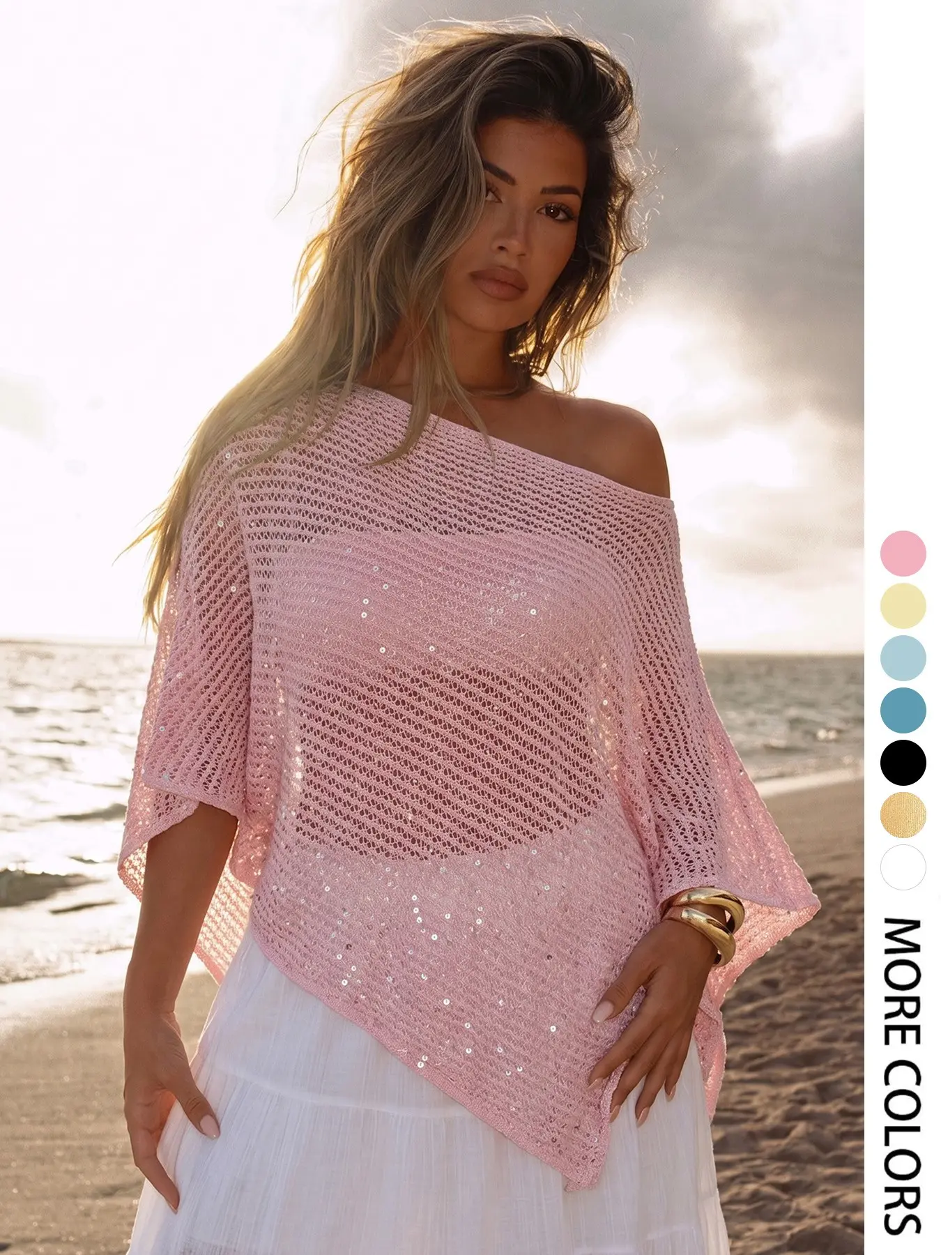 Elegant Women's Spring Summer Fashion Oversized Loose Casual Home Holiday Beach Vacation Basic Simple Fitted Solid Color Knit Hollow Out Sequin Round Neck Long Sleeve Pullover Tops Knitwear Womenswear