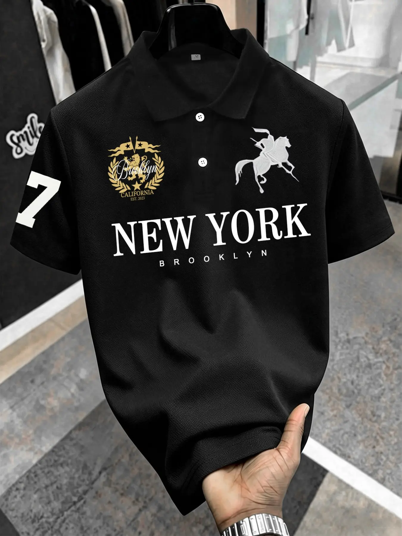 Men's Classic Short Sleeve Polo Shirt, New York Knight Emblem Print, Comfortable Knit Fabric, Casual Business Style, All-Season Fitted Top