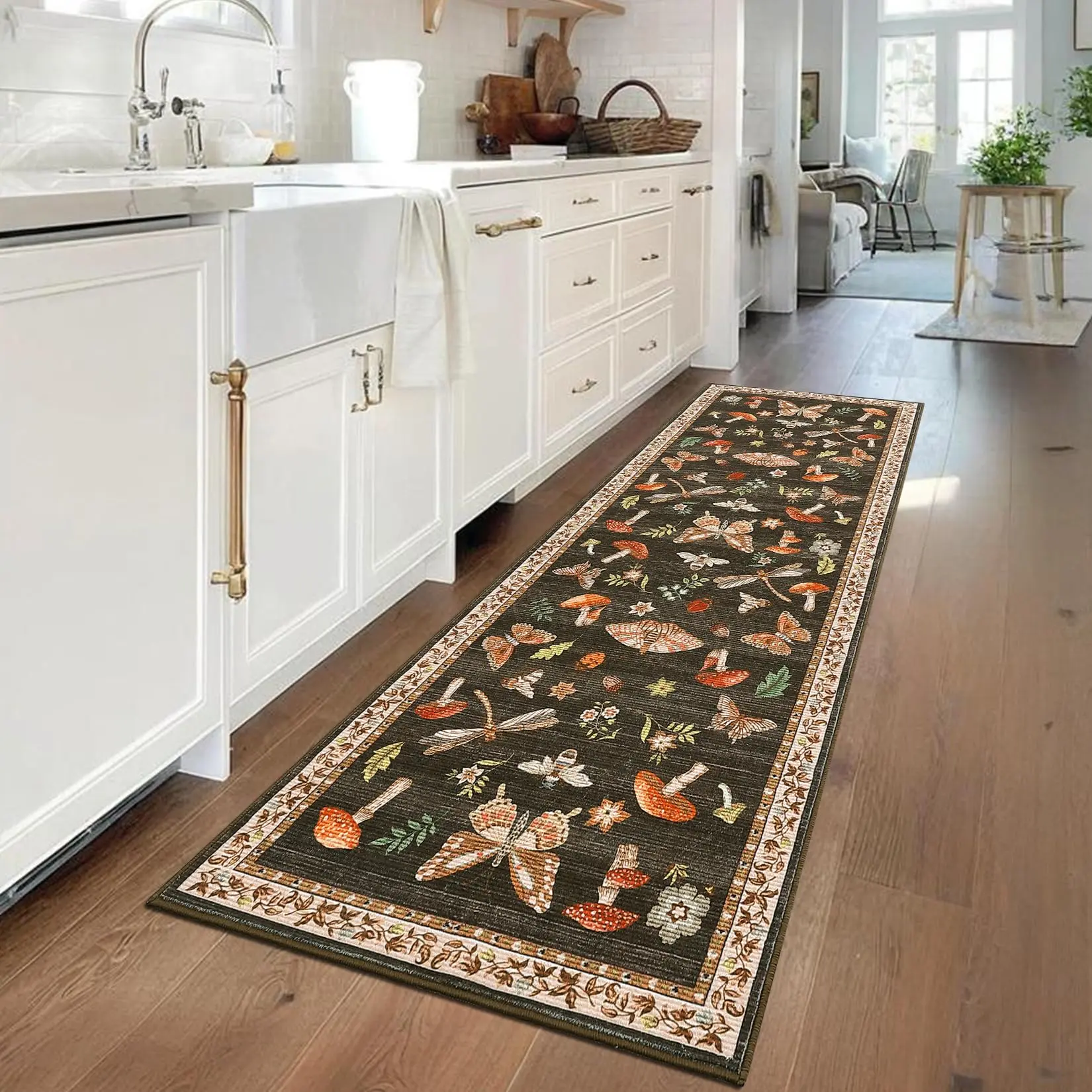 Garvee 2x6 Runner Rug Non Slip Entryway Rug Washable Rugs Mushroom Kitchen Area Rug Vintage Insect Carpet for Hallway Stain Resistant Indoor Floral Area Rug for Dining Room Brown
