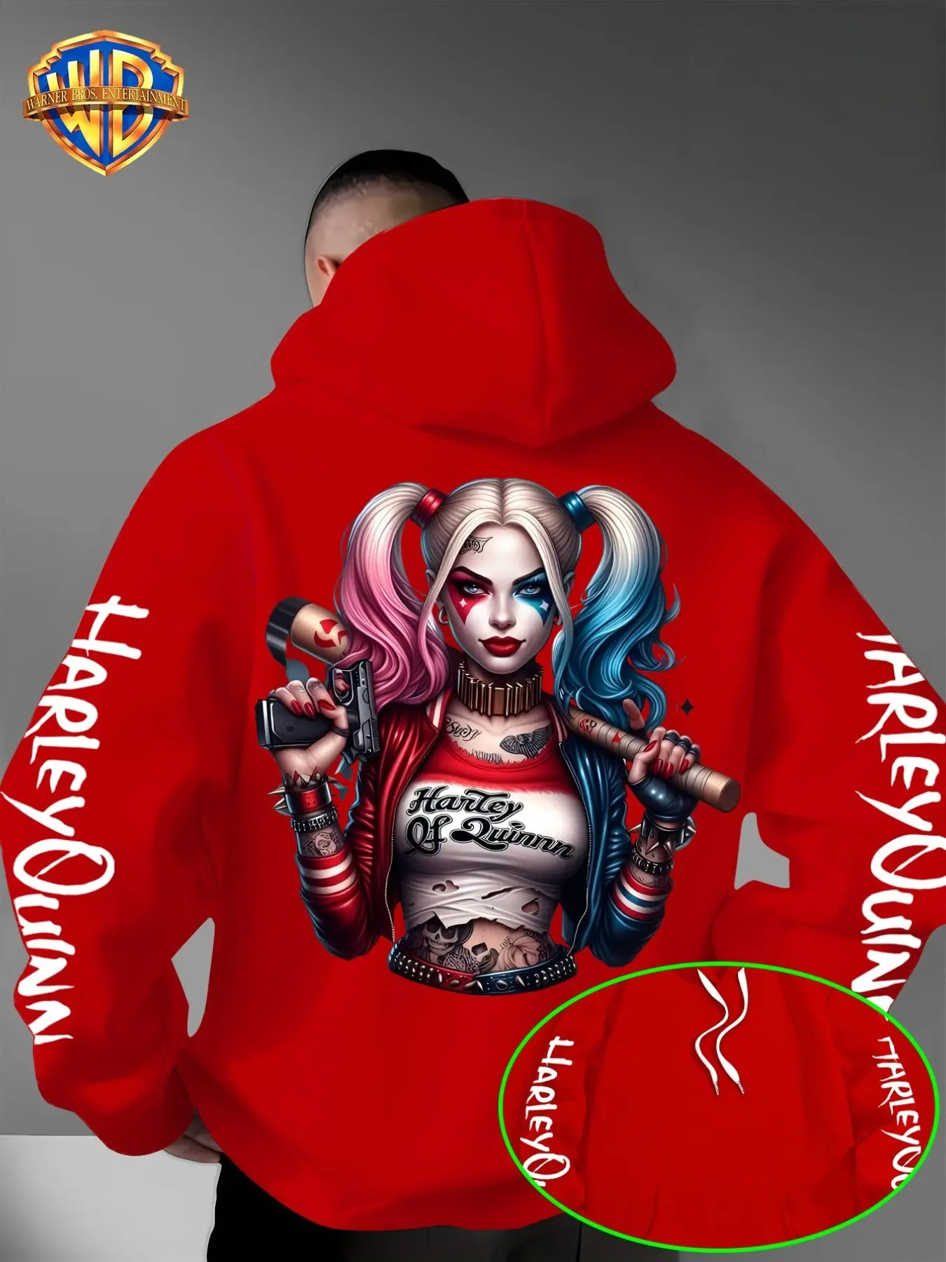 Men's Harley Quinn Back Print Hoodie, Long Sleeve Loose-Fit Casual Sweatshirt, Gothic Street Style, All Seasons Wear