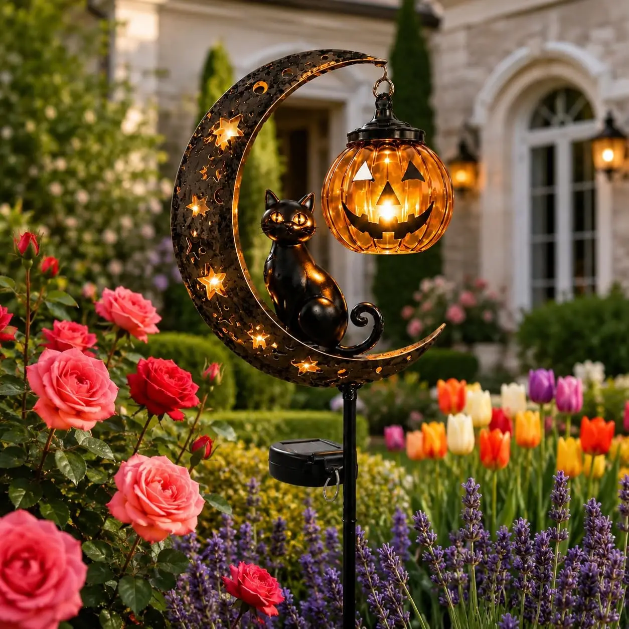 Solar Halloween Black Cat and Pumpkin Moon Garden Decorative Lanterns, Outdoor Waterproof LED Garden Decorative Lights with Crescent Moon Pattern, Hanging Pumpkin Lanterns Suitable for Gardens, Patios and Walkways