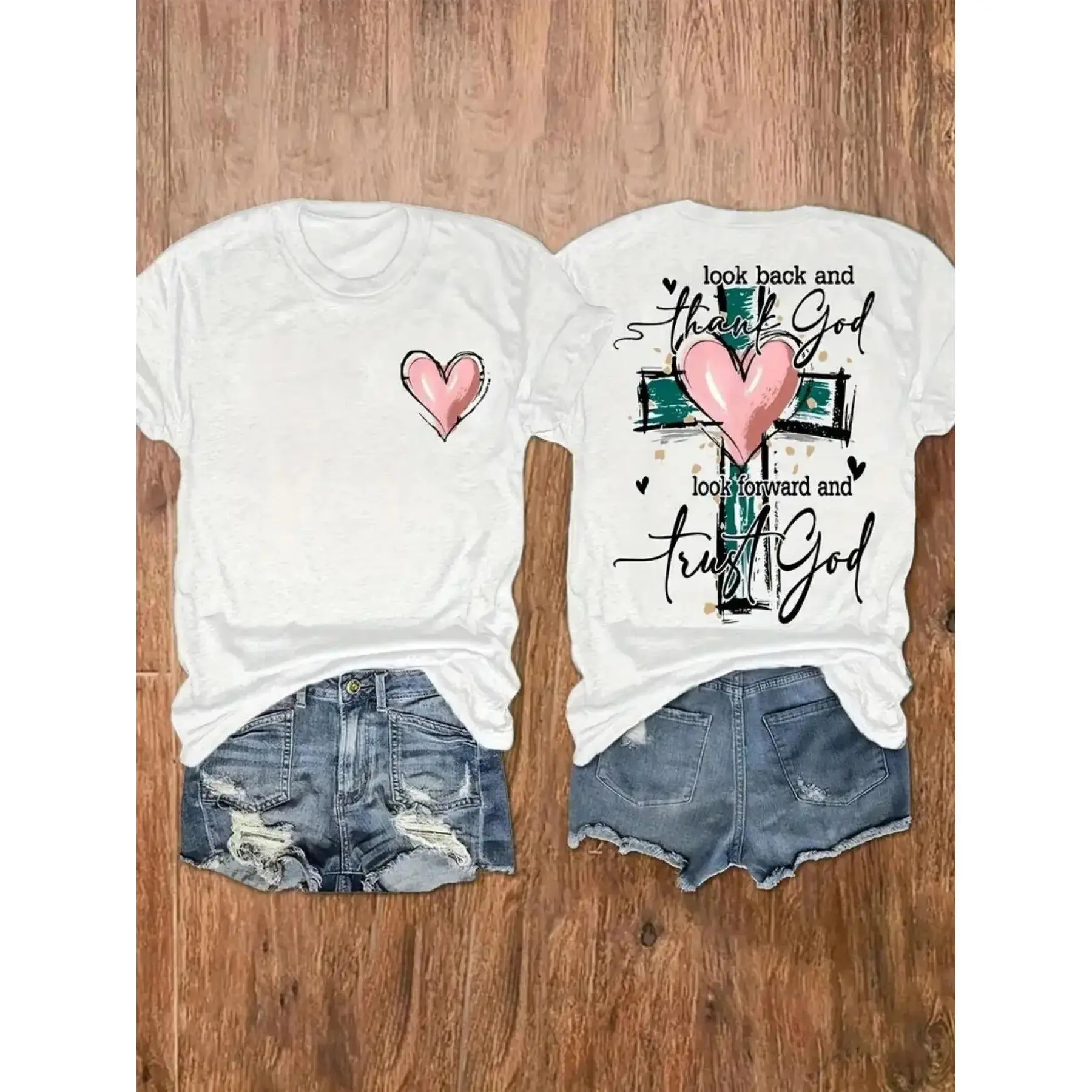 Thank God Trust God Faith Quote Graphic T-Shirt, Pink Heart Cross Print Tee, Classic Crew Neck Shirt, Christian Casual Short Sleeve Top, Trendy Faith Aesthetic  Tee for Christian Believers, Religious Style Fans and Casual Fashion Enthusiasts